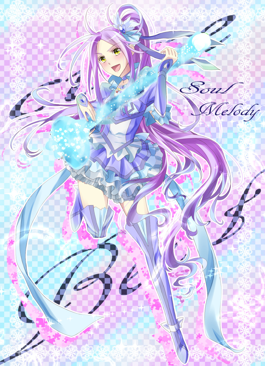 :d, ahoge, bad_id, bangs, blue_legwear, boots, brooch, checkered
