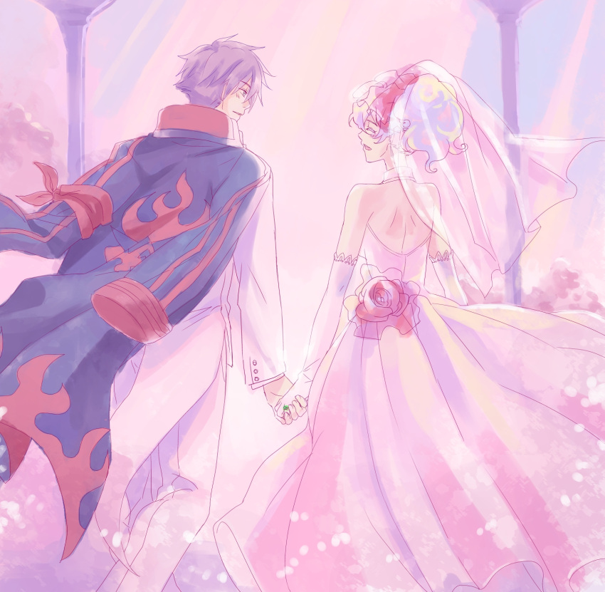 1girl, couple, dress, elbow_gloves, gloves, hand_holding, highres, hisui_(paingumi)