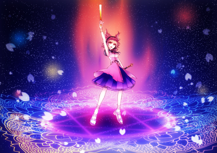 arm_up, armpits, brown_hair, earmuffs, headphones, highres, magic_circle, open_mouth