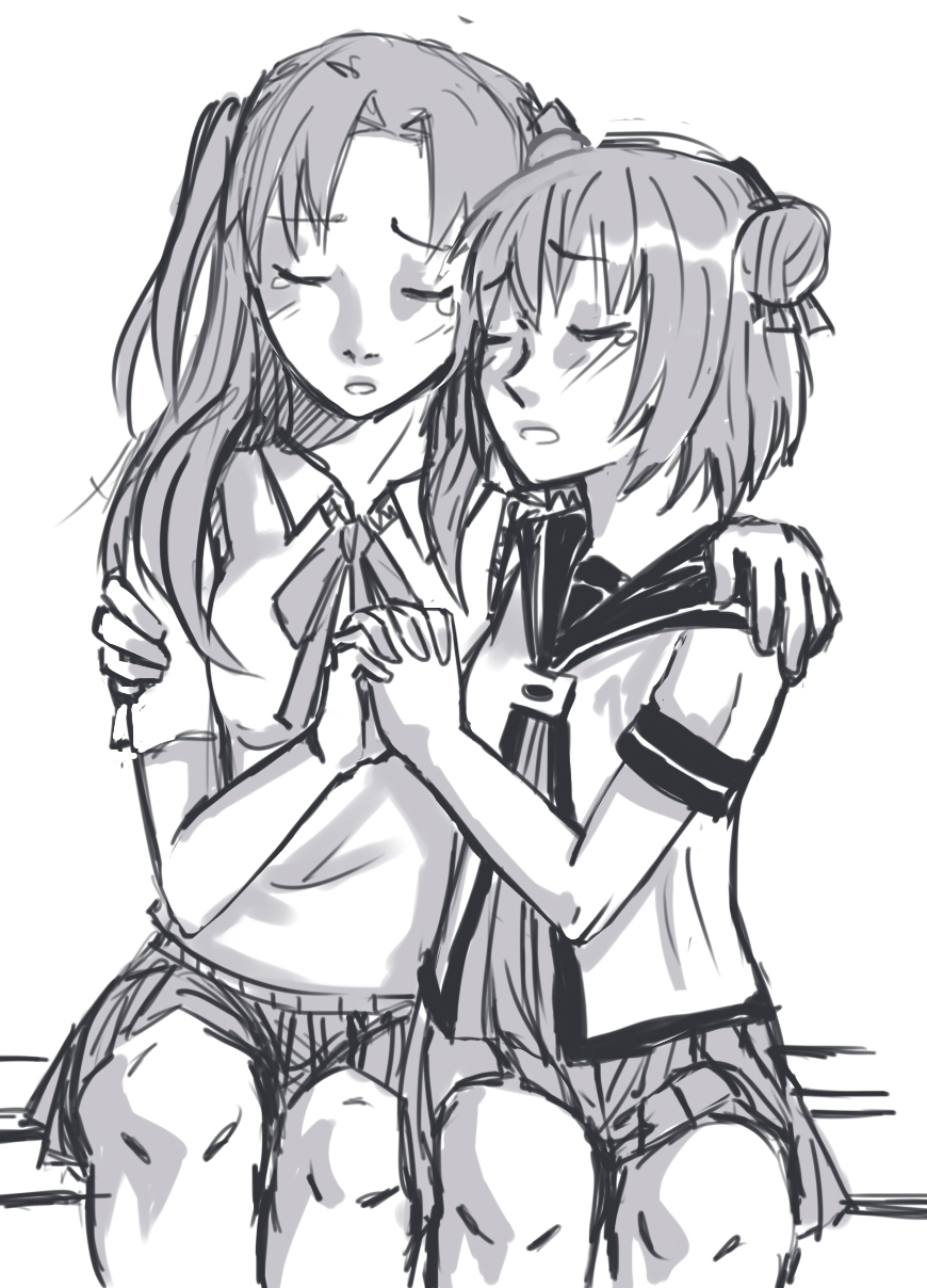 aoi-tama, closed_eyes, drawfag, eyes_closed, hair_bobbles, hair_ornament, hand_holding, highres, holding_hands, hug, long_hair, monochrome, school_uniform, short_hair, skirt, tears, tsukihime, twintails, yumizuka_satsuki, yuru_yuri