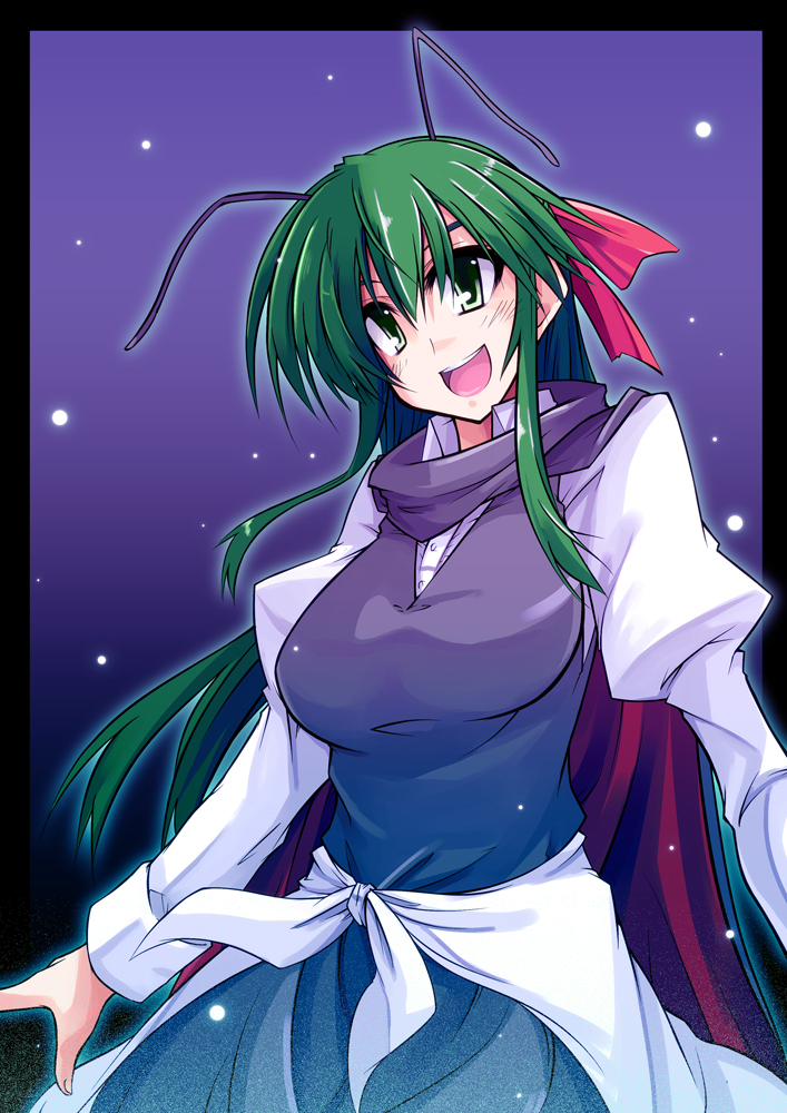 adult, alternate_hairstyle, antennae, cape, fireflies, green_eyes, green_hair, hair_ribbon