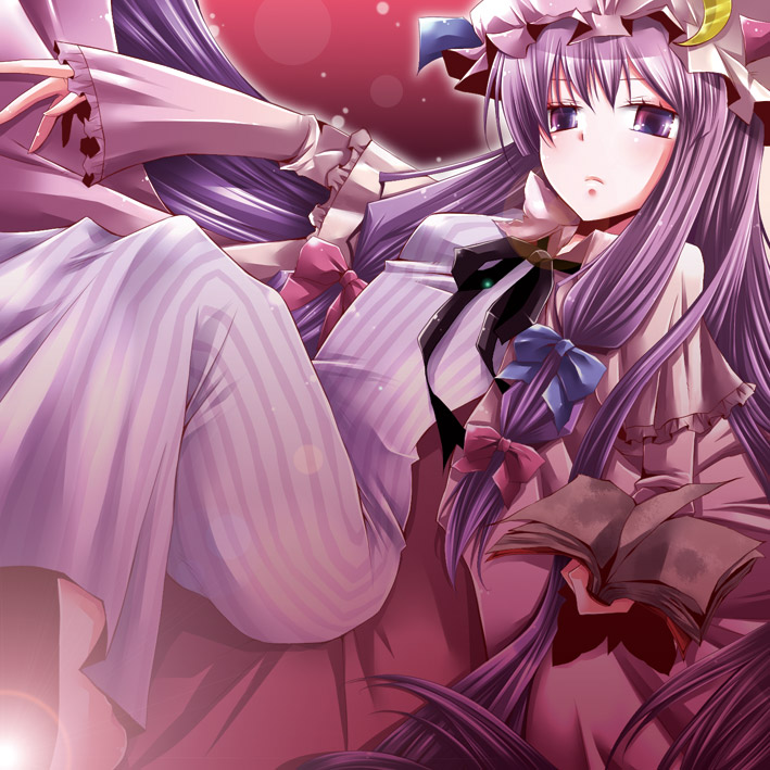 1girl, bad_id, book, bow, crescent, hair_bow, hat, long_hair