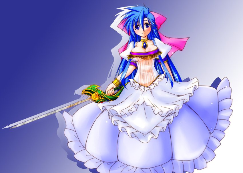 blue_hair, blush, bow, bracelet, breasts, cleavage, dragon_quest, dragon_quest_v