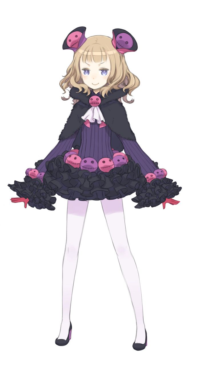 blonde_hair, blue_eyes, disgaea, dress, frills, gathers, gloves, hair_ornament, hairpin, high_heels, highres, kuroboshi_kouhaku, makai_senki_disgaea_4, necromancer_(disgaea), official_art, pantyhose, shawl, shoes, short_hair, smile, white_legwear