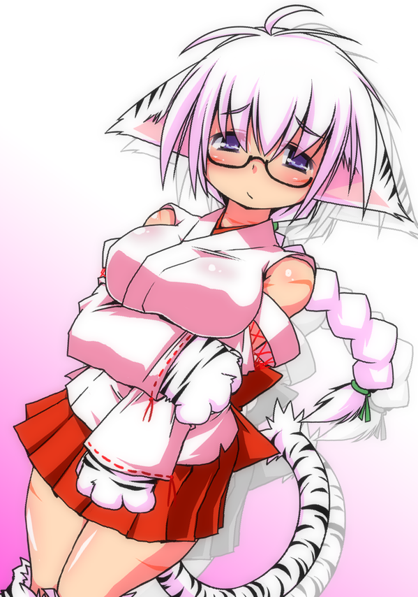 bare_shoulders, cat_ears, cat_paw, cat_tail, glasses, original, tail, tiger_stripes