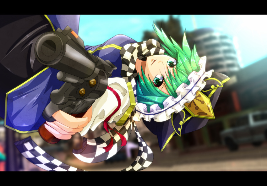 aiming_at_viewer, bad_id, blurry, city, depth_of_field, foreshortening, green_eyes, green_hair