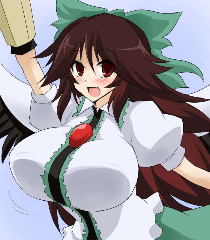 arm_cannon, bouncing_breasts, breasts, brown_hair, hair_ribbon, huge_breasts, large_breasts, long_hair