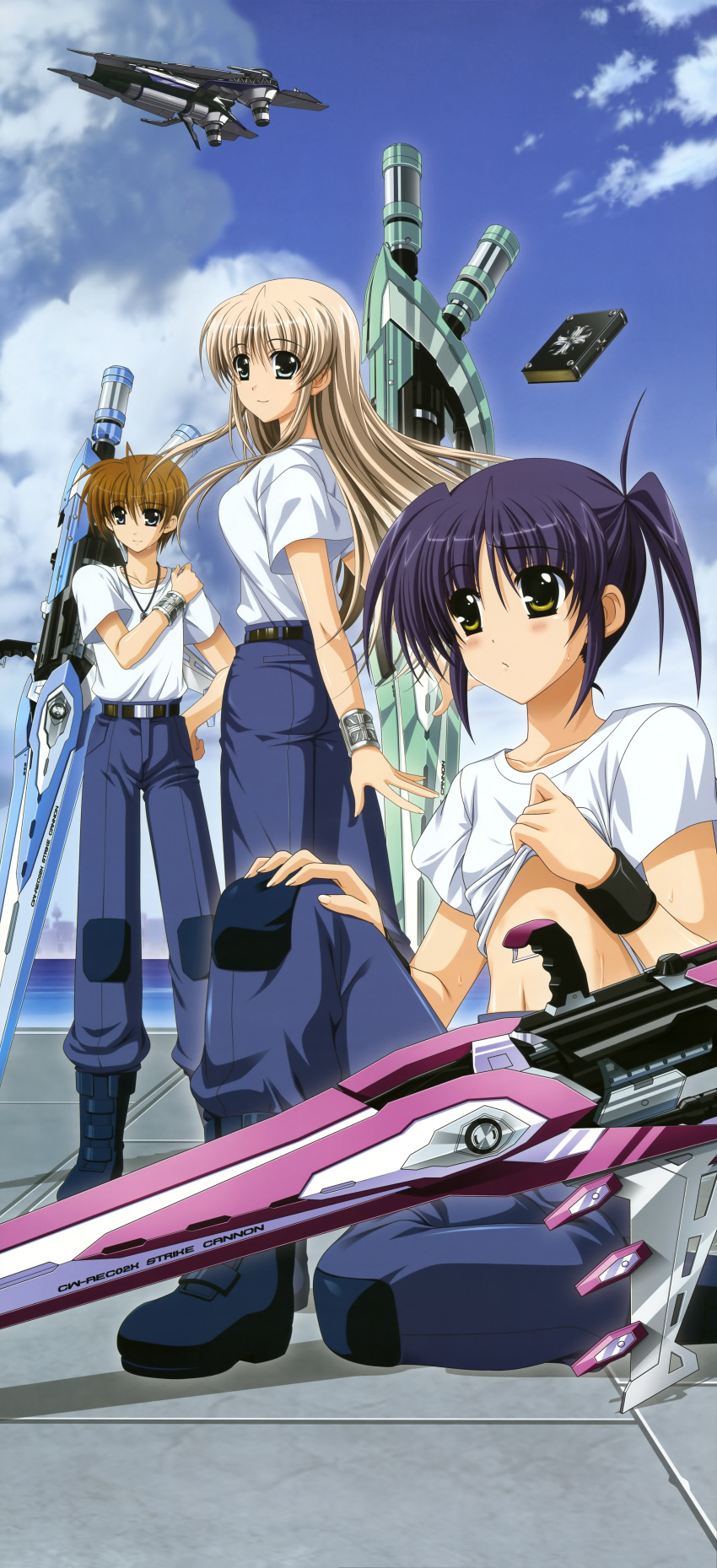 absurdres, bible_of_silver_cross, blonde_hair, blue_hair, book, brown_hair, cloud, higa_yukari