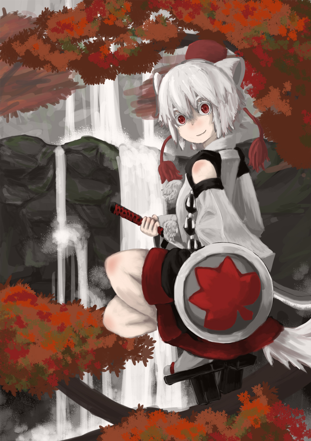 animal_ears, autumn, cacao_choco_mame, detached_sleeves, eyebrows, geta, hat, highres
