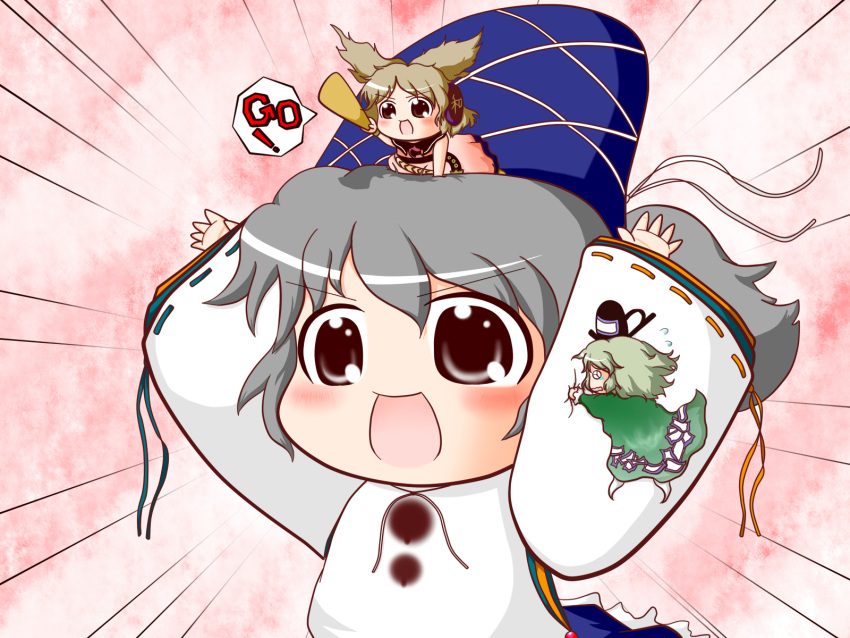 \o/, arms_up, belt, blonde_hair, blush, chibi, chibi_on_head, dress