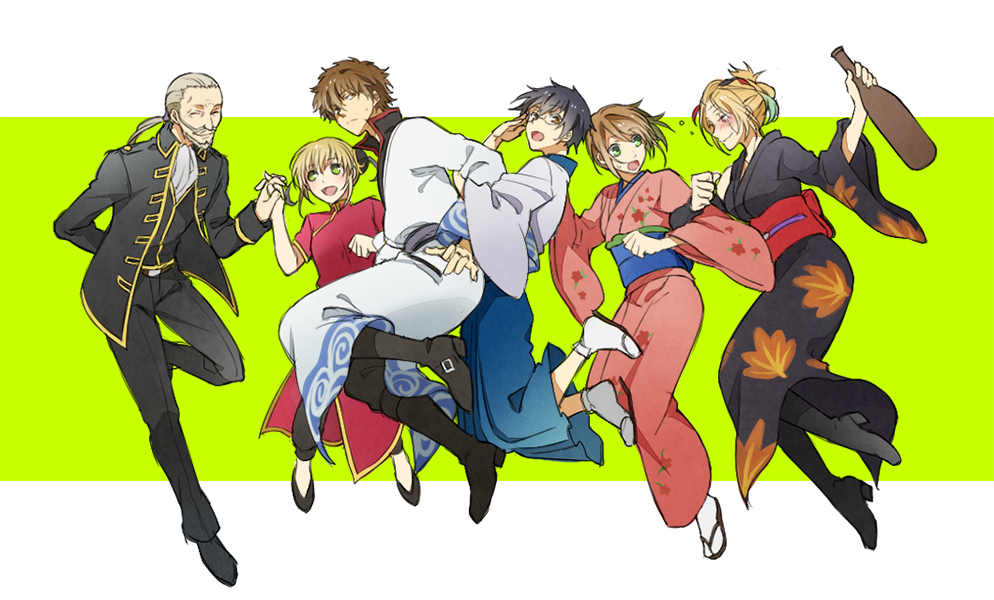 alvin_(tales_of_xillia), arm_grab, arm_holding, beard, black_hair, blonde_hair, brown_hair, china_dress, chinese_clothes, cosplay, elise_lutas, elise_lutus, facial_hair, gintama, gradient_hair, green_hair, hand_holding, holding_hands, japanese_clothes, jude_mathis, kagura_(gintama), kagura_(gintama)_(cosplay), kazu_sanbon, kimono, leia_roland, locked_arms, milla_maxwell, multicolored_hair, rowen_j._ilbert, sakata_gintoki, sakata_gintoki_(cosplay), scar, seiyuu_connection, shimura_shinpachi, shimura_shinpachi_(cosplay), shimura_tae, shimura_tae_(cosplay), sugita_tomokazu, tales_of_(series), tales_of_xillia, tsukuyo, tsukuyo_(cosplay), white_hair