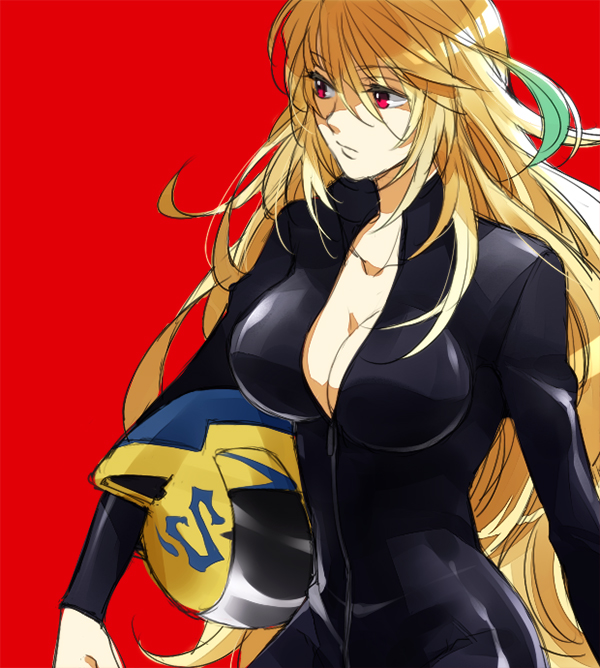 animal_helmet, bikesuit, blonde_hair, bodysuit, breasts, celty_sturluson, celty_sturluson_(cosplay), cleavage