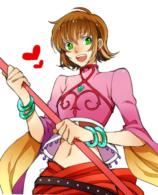 :d, annie_barrs, annie_barrs_(cosplay), belt, bracelet, brown_hair, cosplay, green_eyes, happy, heart, jewelry, kazu_sanbon, leia_roland, midriff, navel, open_mouth, rod, short_hair, smile, solo, tales_of_(series), tales_of_rebirth, tales_of_xillia, white_background