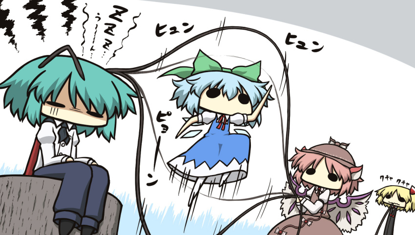 antennae, biting, blonde_hair, blue_hair, bow, cape, chibi, cirno