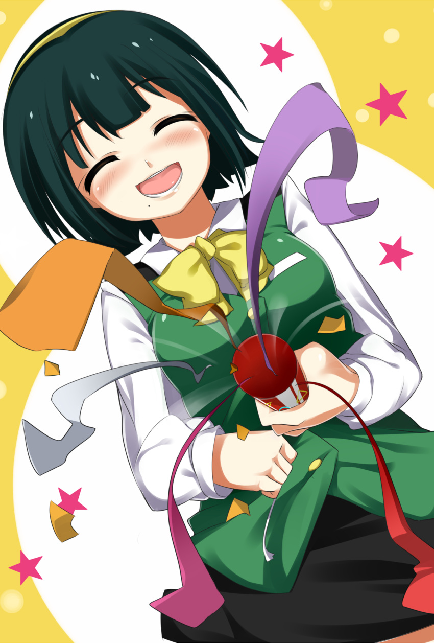 ^_^, bob_cut, breasts, closed_eyes, confetti, dutch_angle, eyes_closed, green_hair