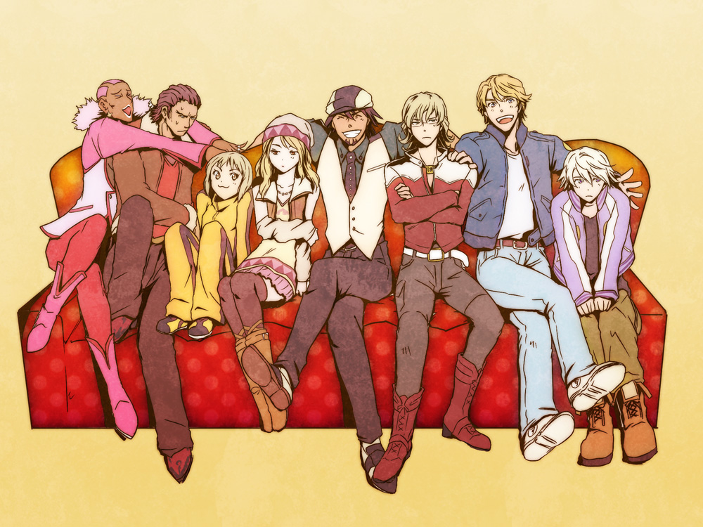 >_<, 6+boys, :3, antonio_lopez, bare_shoulders, barnaby_brooks_jr, beanie, blonde_hair