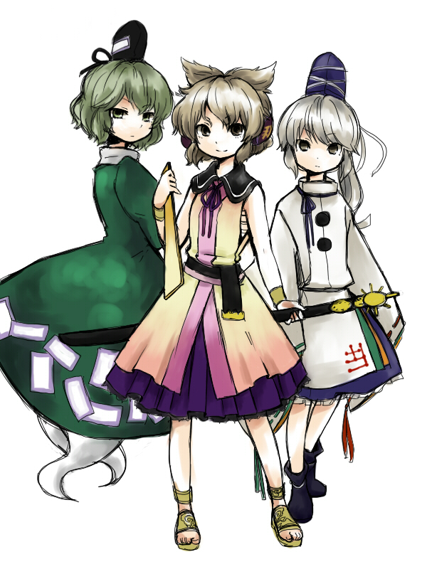 belt, brown_eyes, brown_hair, dress, earmuffs, green_dress, green_hair, grey_hair