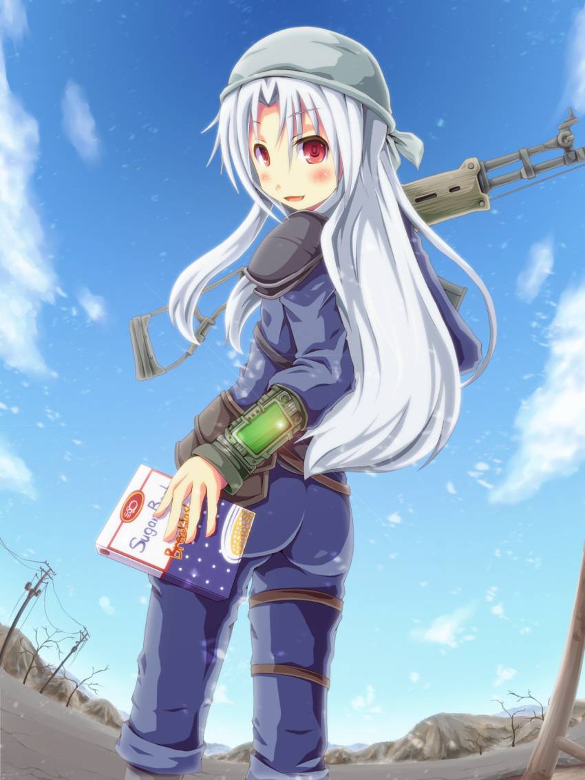 assault_rifle, blush, box, cereal, fallout, fallout_3, fang, grey_hair, gun, head_scarf, highres, long_hair, looking_back, original, pip_boy, power_lines, red_eyes, rifle, smile, sugar_bombs, telephone_pole, weapon, yukikasa