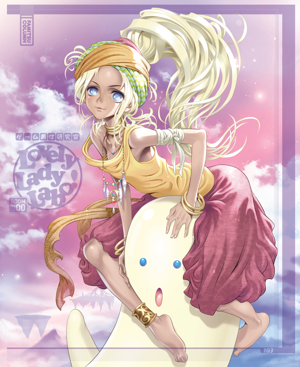 bandage, bandages, bandana, barefoot, blonde_hair, blue_eyes, bracelet, dark_skin, el_shaddai, feet, hands, jewelry, long_hair, maeda_hiroyuki, nanna_(el_shaddai), necklace, nephilim_(el_shaddai), ponytail, skinny, skirt, sky, smile, smilerndark_skin