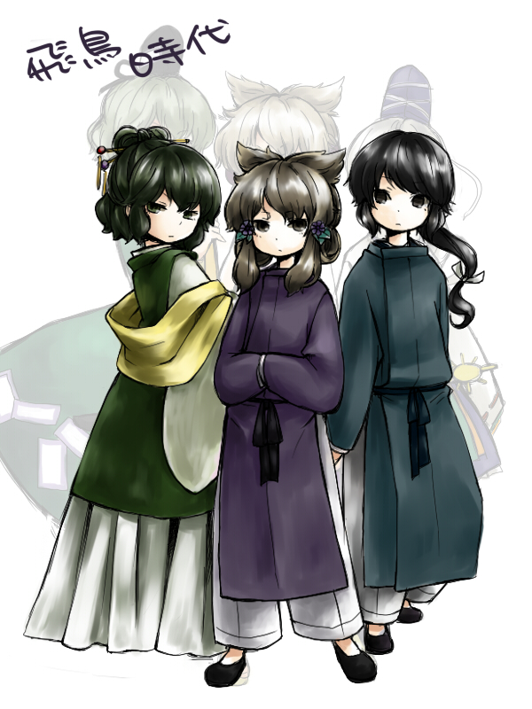 belt, black_hair, brown_eyes, brown_hair, dual_persona, flower, green_hair, grey_eyes