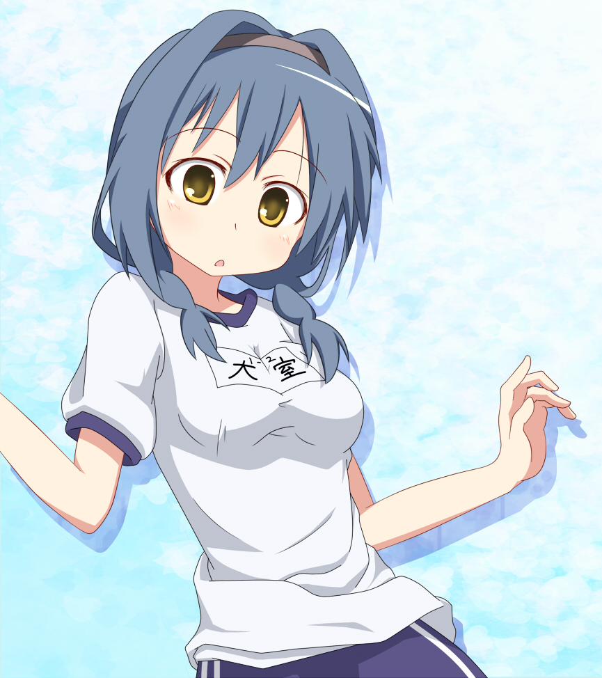furutani_himawari, gym_uniform, hairband, ikauchi_mitsuaki, long_hair, open_mouth, shorts, solo, yellow_eyes, yuru_yuri