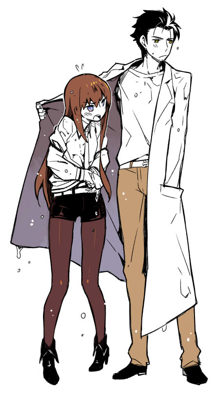1girl, angry, blush, brown_hair, couple, height_difference, labcoat, legwear_under_shorts