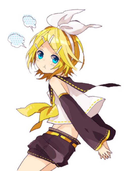 4_(nakajima4423), :t, blonde_hair, blue_eyes, hair_ornament, hair_ribbon, hairclip, kagamine_rin, nakajima, ribbon, short_hair, shorts, simple_background, solo, vocaloid