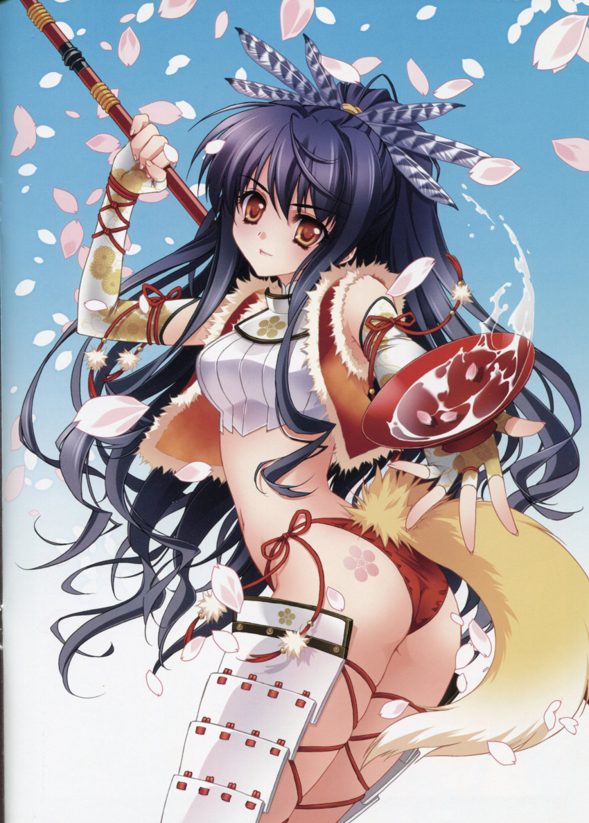 absurdres, armor, ass, black_hair, brown_eyes, carnelian, cherry_blossoms, crop_top