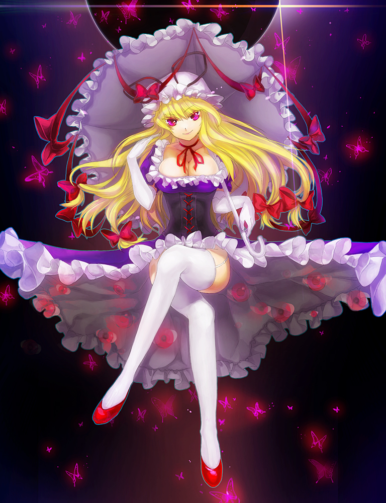 blonde_hair, bow, breasts, butterfly, cleavage, crossed_legs, dress, elbow_gloves