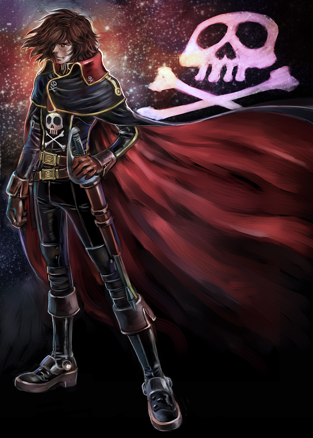 70s, 80s, belt, boots, brown_hair, cape, gloves, harlock