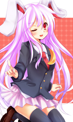 animal_ears, black_legwear, blazer, bunny_ears, long_hair, lowres, purple_hair, rai_(artist), red_eyes, reisen_udongein_inaba, solo, touhou, wink