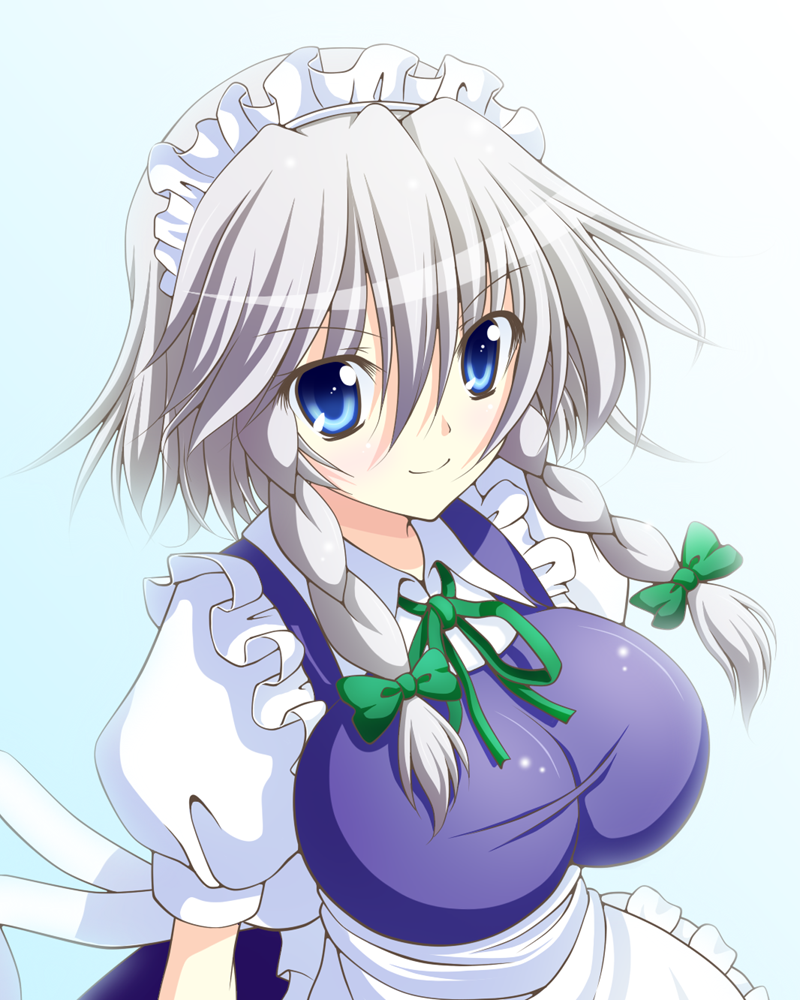 blue_eyes, braid, breasts, izayoi_sakuya, large_breasts, maid, maid_headdress, osashin_(osada)