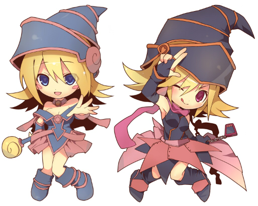 blonde_hair, blue_eyes, chibi, dark_magician_girl, duel_monster, gagaga_girl, hat, ju-zika
