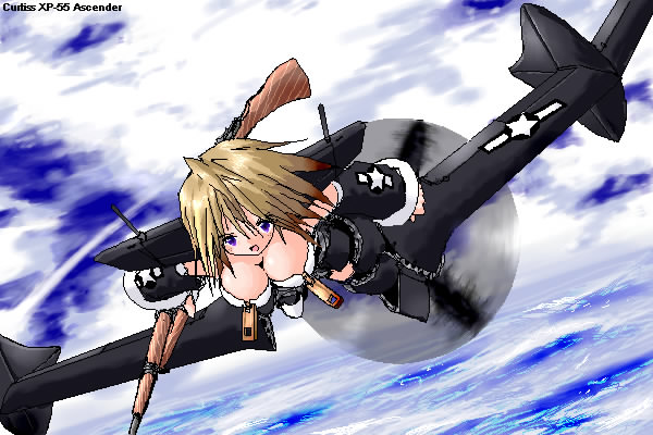airplane, blonde_hair, breasts, detached_sleeves, gun, large_breasts, mecha_musume, military, ocean, oekaki, open_mouth, original, rifle, sky, solo, weapon, wwii, xp-55, yonezuka_ryou