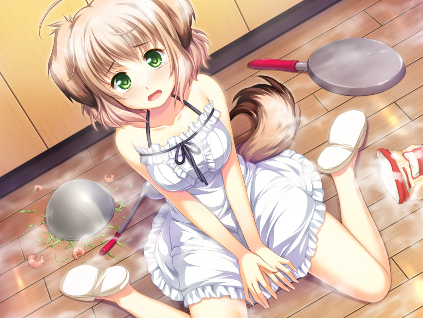 animal_ears, blush, breasts, brown_hair, dog_ears, doggirl, dress, food