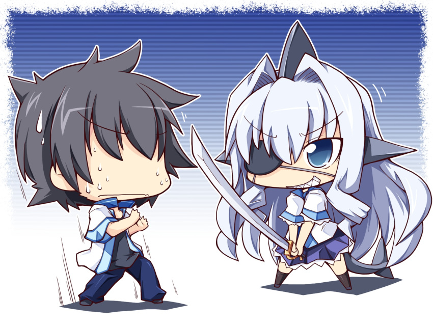black_hair, blue_eyes, chibi, eyepatch, game_cg, long_hair, otomimi_infinity, sagawa_yamato