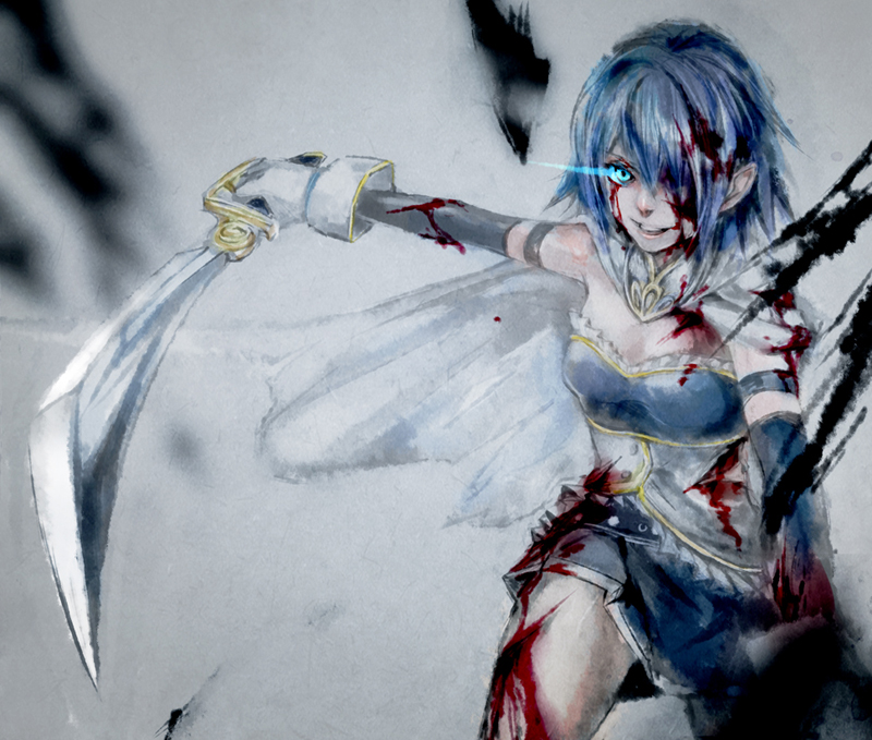 anyueh, armband, blood, blue_eyes, blue_hair, cape, cuts, gloves