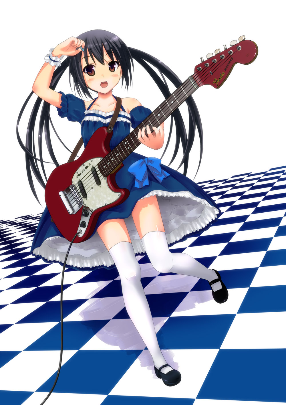black_hair, brown_eyes, checkered, dress, fender, guitar, highres, instrument, k-on!, kazuboh, kisaragi_miyu, long_hair, mustang, nakano_azusa, plectrum, solo, thigh-highs, thighhighs, twintails