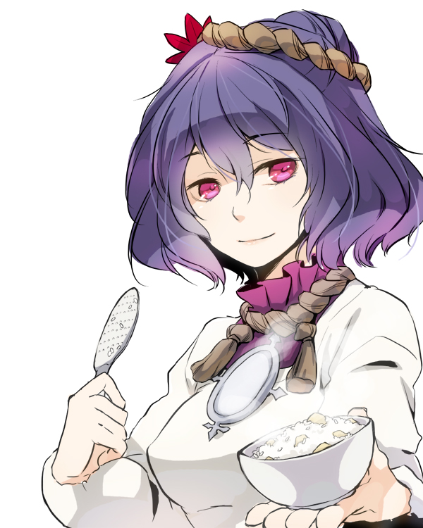 bowl, bust, kappougi, mirror, pink_eyes, purple_hair, short_hair, smile