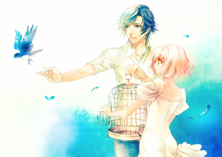 birdcage, blue_eyes, blue_hair, cage, dress, feathers, hands, ichinose_tokiya