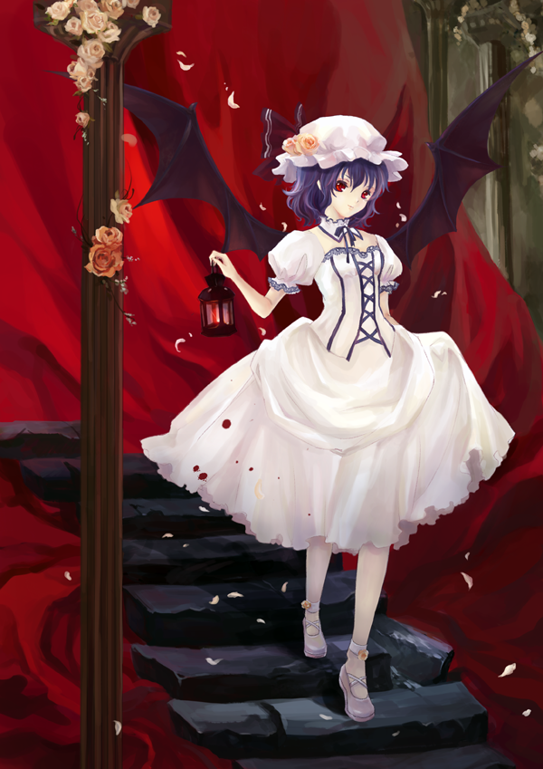 alternate_costume, bat_wings, curtains, dress, flower, gown, hat, hat_flower