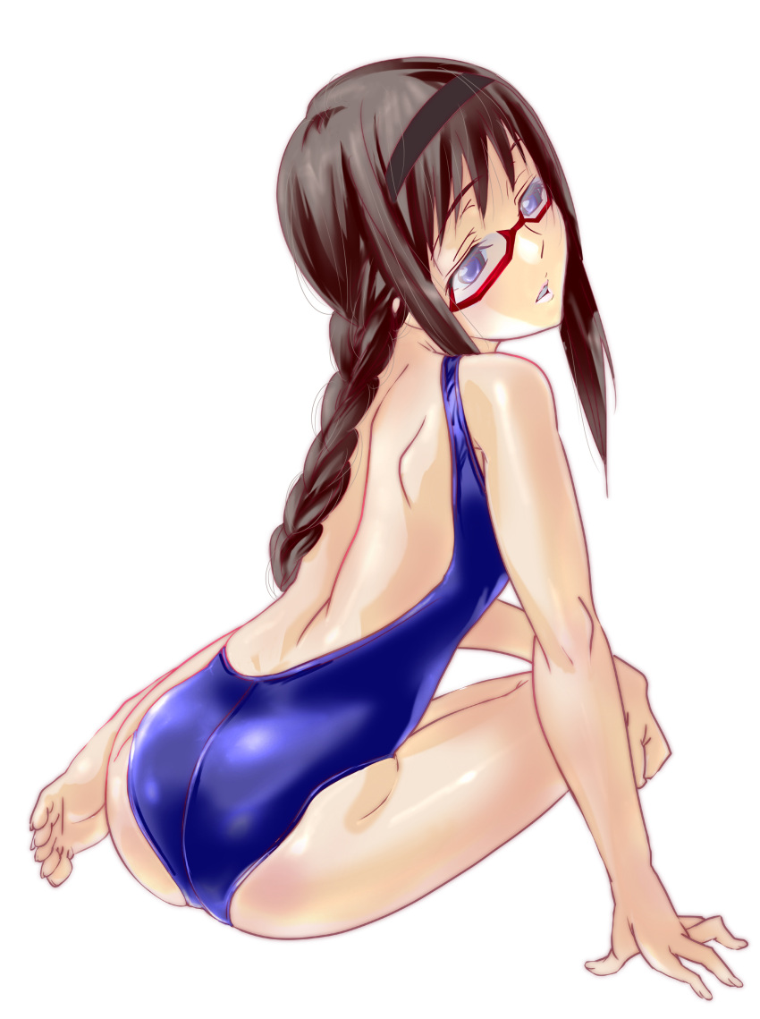 absurdres, akemi_homura, arm_support, ass, back, bare_back, bare_shoulders, barefoot