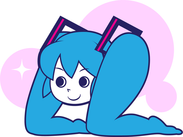 blue_hair, hatsune_miku, kneeling, legs, parody, pop'n_music, shio_(orange_lounge), shio_(pixiv151189), shiteyan'yo, smile, style_parody, vocaloid, what