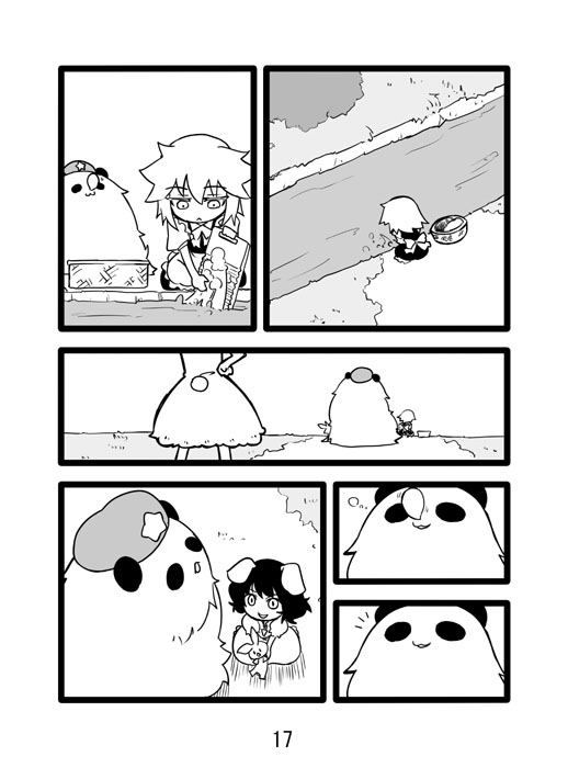 comic, hong_meiling_(panda), inaba_tewi, izayoi_sakuya, laundry_basket, maid, monochrome, nose_bubble