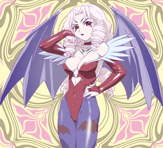 bat_wings, breasts, capcom, character_request, choker, collarbone, cosplay, drill_hair, facial_mark, gaiking, gaiking:_legend_of_daikuu_maryuu, hand_on_hip, hips, lilith_aensland, lilith_aensland_(cosplay), lipstick, makeup, pantyhose, pink_hair, print_pantyhose, proist, red_eyes, solo, vampire_(game), wings