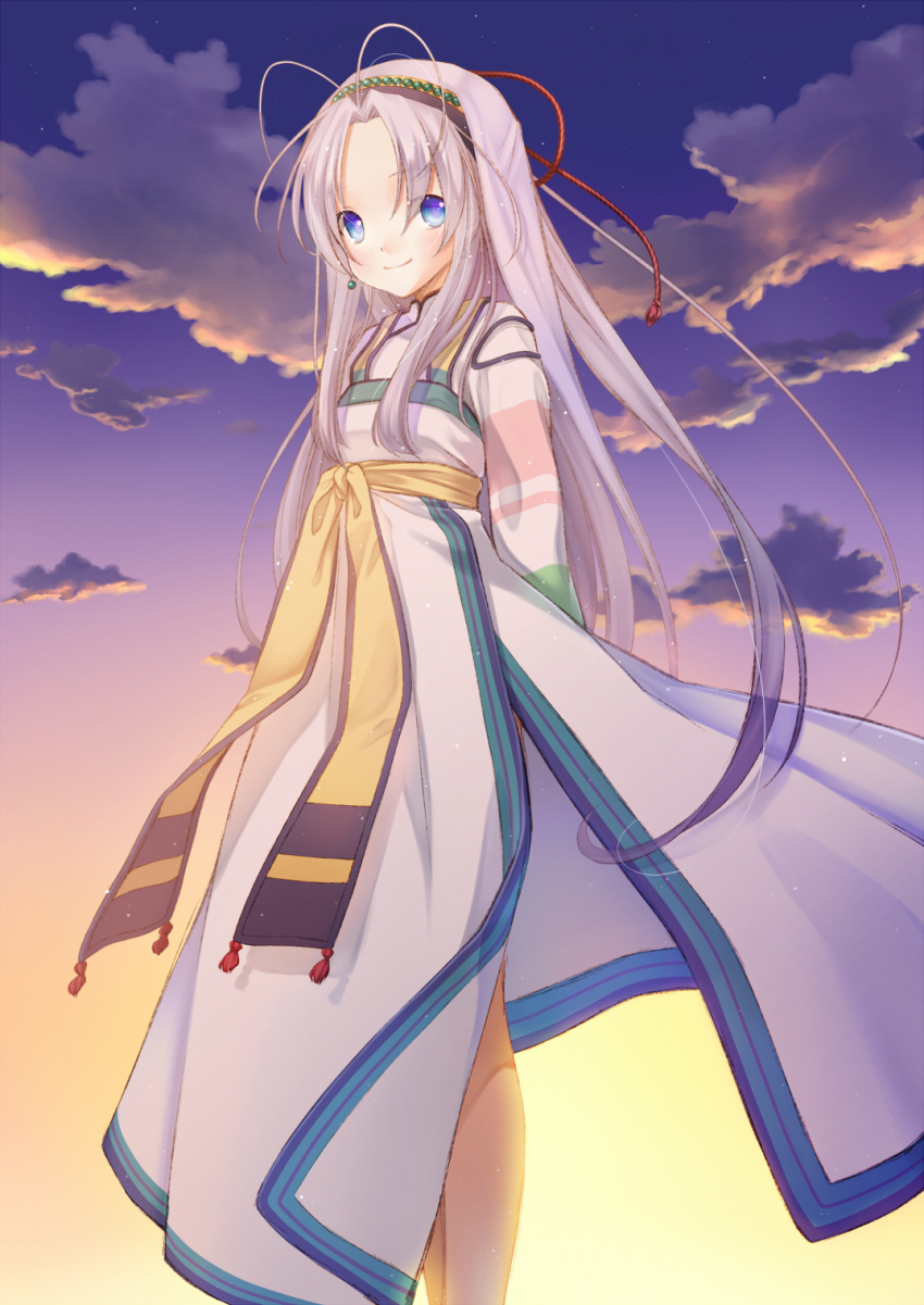 bad_id, blue_eyes, cloud, highres, japanese_clothes, lavender_hair, long_hair, mamotte_shugogetten
