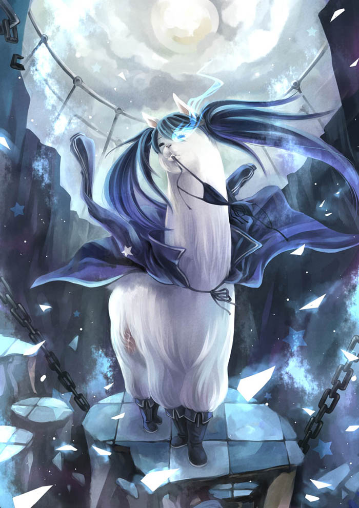 animal, bad_id, bikini_top, black_rock_shooter, blue_hair, boots, bra, chain