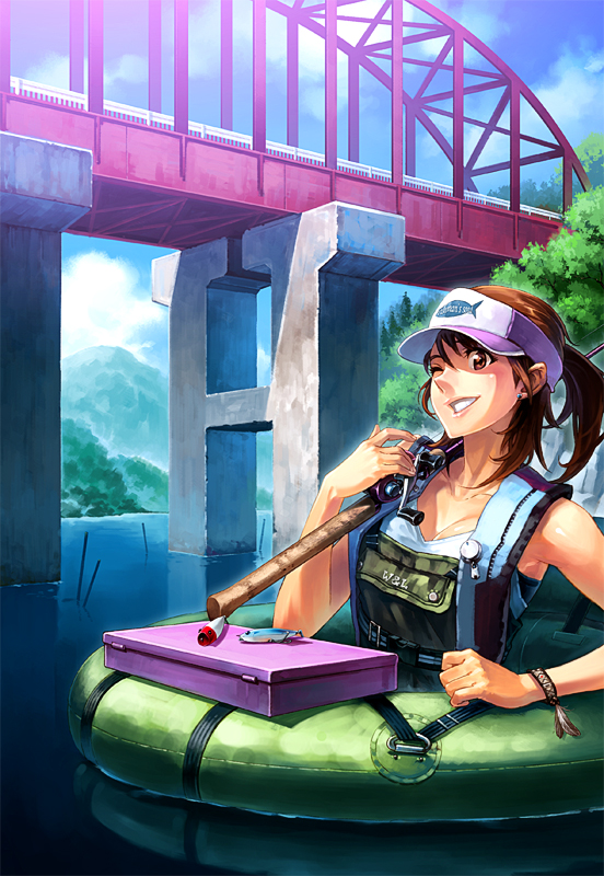 bracelet, breasts, bridge, brown_hair, cloud, fishing_lure, fishing_rod, grin