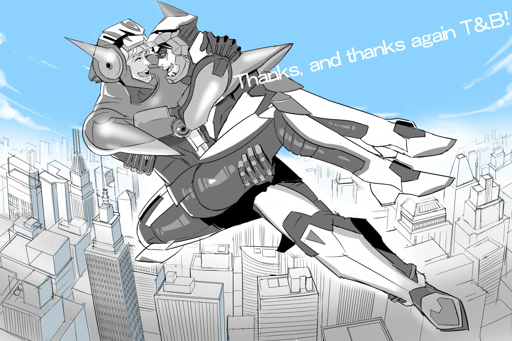 barnaby_brooks_jr, bevel, carrying, facial_hair, jumping, kaburagi_t_kotetsu, laughing, male, mask, multiple_boys, power_armor, power_suit, princess_carry, short_hair, spot_color, stubble, superhero, tiger_&amp;_bunny, wild_tiger