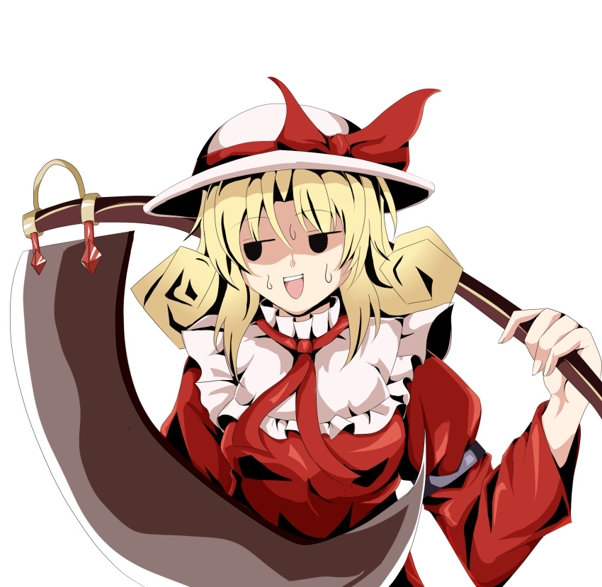 blonde_hair, elly, hat, hat_ribbon, highres, jitome, open_mouth, over_shoulder